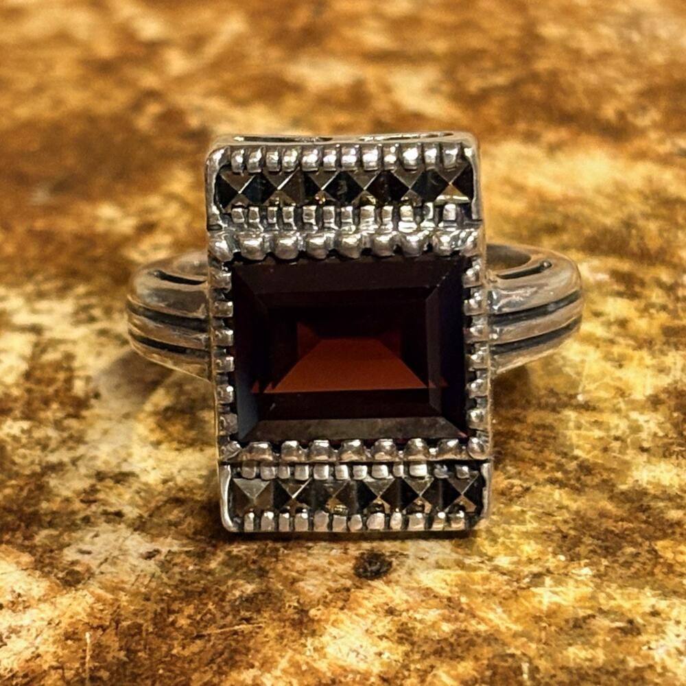 Sterling Silver, Garnet and Marcasite Ring Size 5 by SHA Vintage